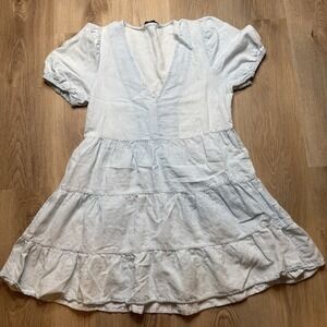Zara Cotton Linen denim Tiered Mini Blue dress S